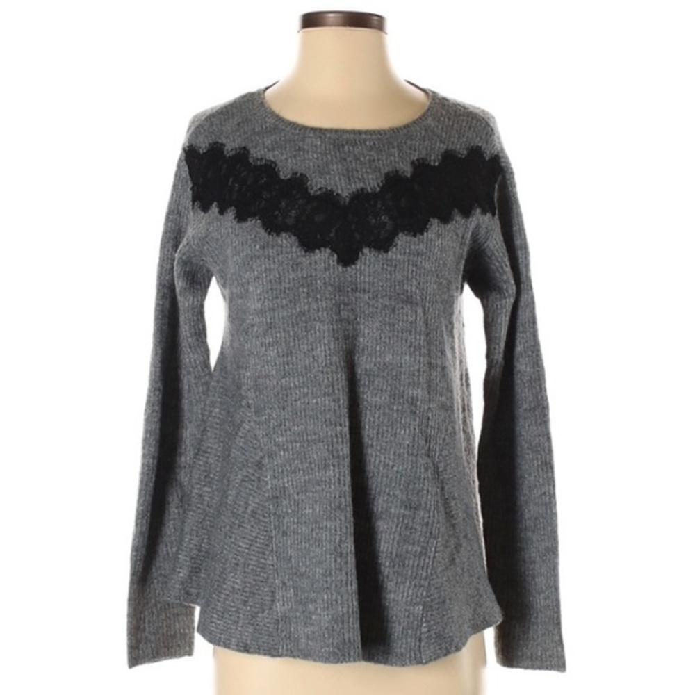 Elle sz S grey w black lace round neck pullover long sleeve ribbed knit sweater